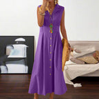 Aurora Robe Femme – Robe Longue Lin Coton, Sans Manches, Boutons