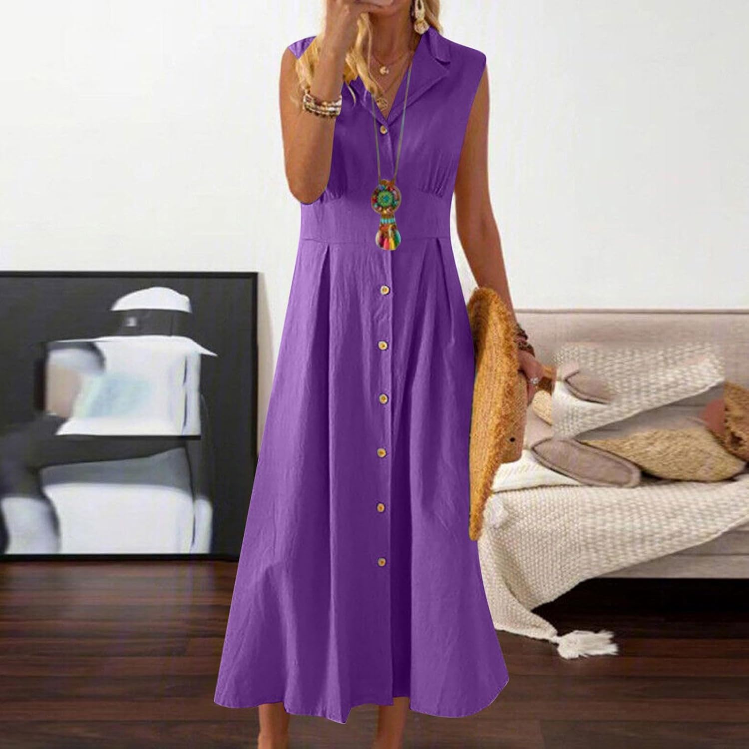 Aurora Vestido Mujer – Vestido Largo de Lino y Algodón, Sin Mangas, con Botones