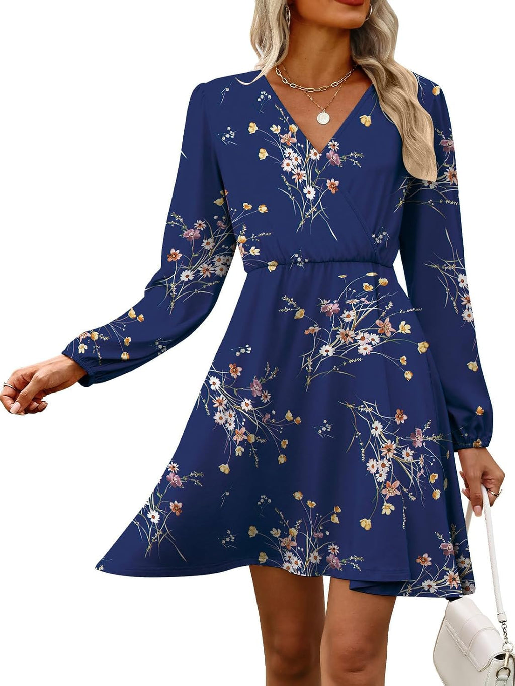 Robe Femme Sofia Florale – Col V Croisé, Manches Longues, Ligne A Élégante