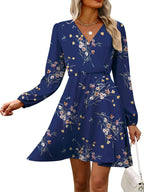 Robe Femme Sofia Florale – Col V Croisé, Manches Longues, Ligne A Élégante
