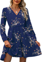 Robe Femme Sofia Florale – Col V Croisé, Manches Longues, Ligne A Élégante