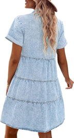 Vilma Vestido Mujer Denim – Babydoll, Botones, Mangas Cortas, Línea A Veraniego