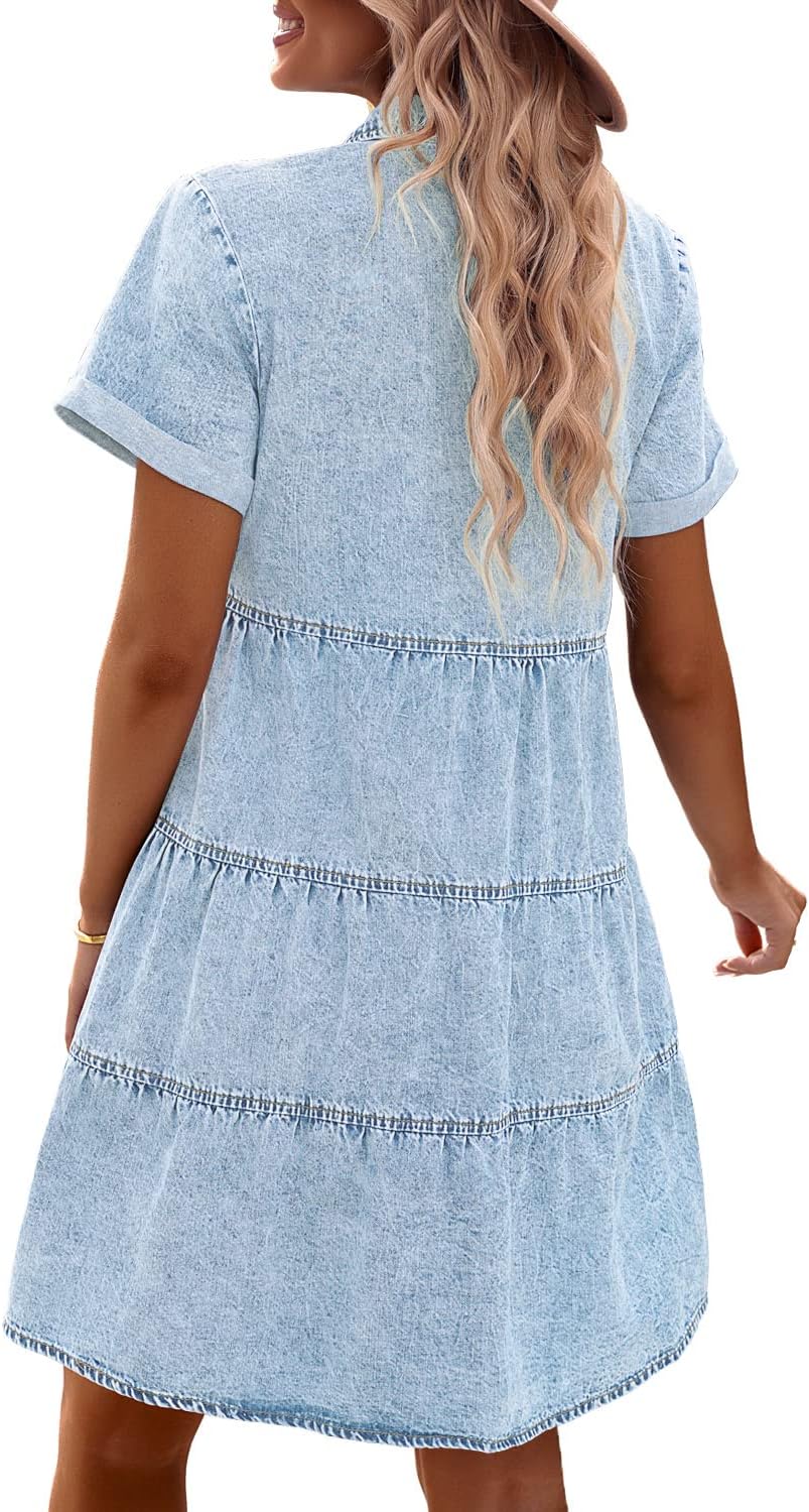 Vilma Vestido Mujer Denim – Babydoll, Botones, Mangas Cortas, Línea A Veraniego
