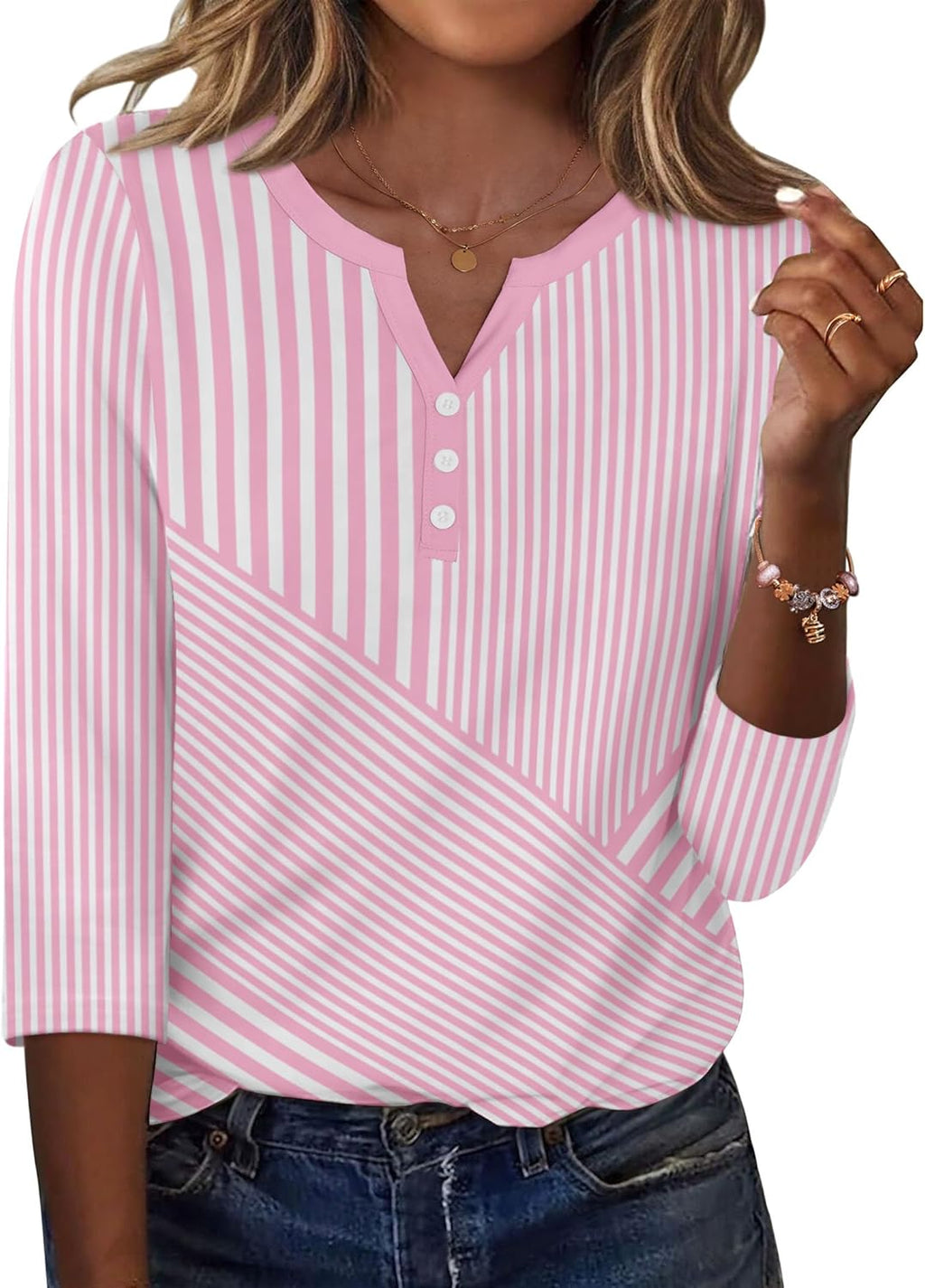Elena Blouse Femme – Manches 3/4, Col Henley, Haut Casual Élégant pour le Travail