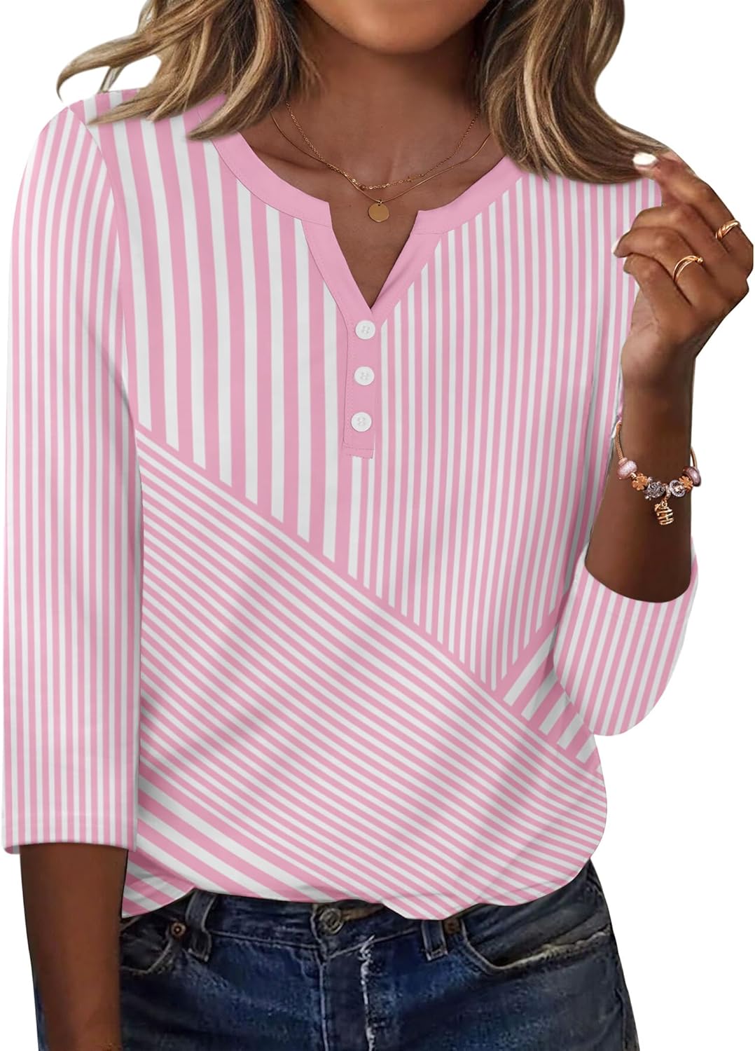 Elena Blouse Femme – Manches 3/4, Col Henley, Haut Casual Élégant pour le Travail
