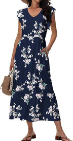 Sonya Robe Florale pour Femme – Robe Midi d'Été avec Col en V et Poches