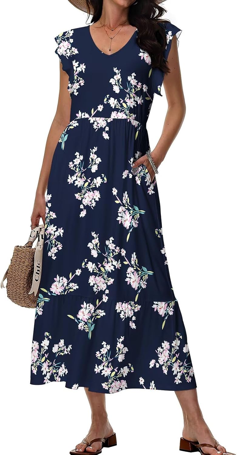 Sonya Robe Florale pour Femme – Robe Midi d'Été avec Col en V et Poches