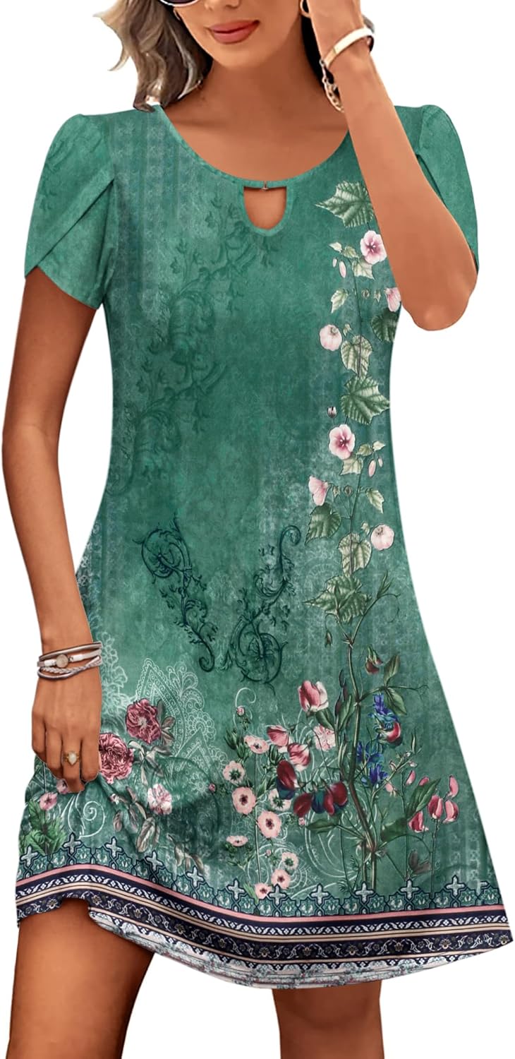 Vestido Midi Floral para Mujer Hanna – Mangas Cortas, Corte A, Bolsillos, Casual de Verano