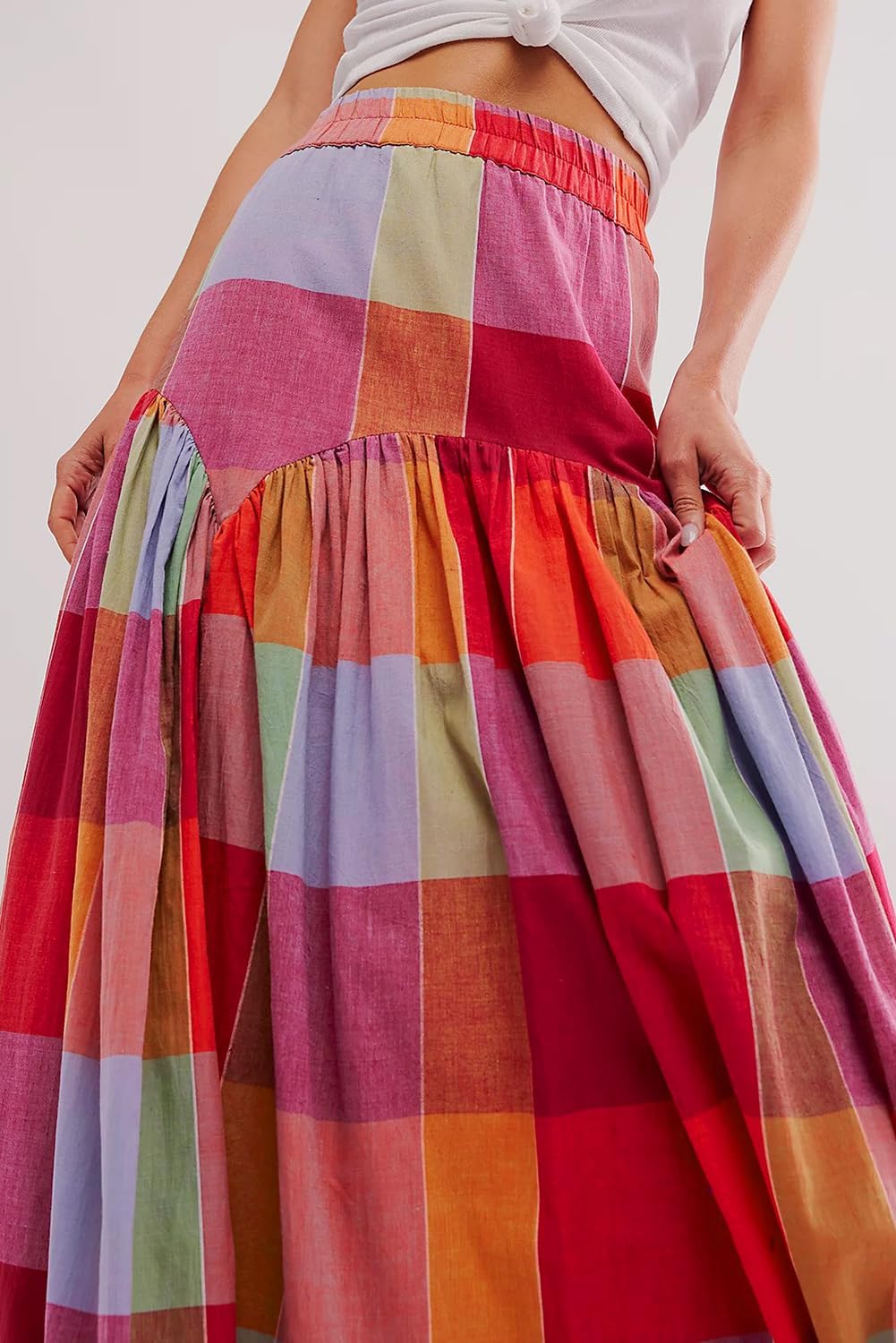 Clara Falda Maxi para Mujer a Cuadros Multicolor – Falda Larga Fluida de Cintura Alta