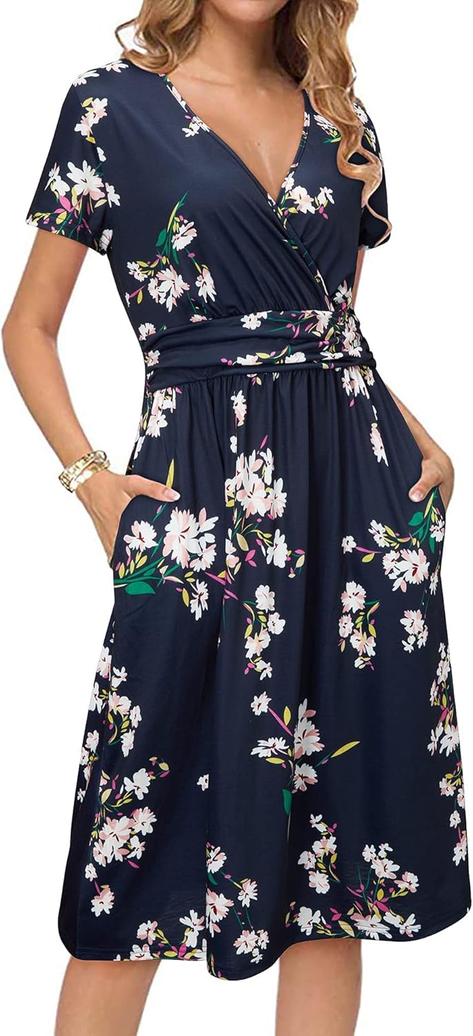 Sophie Robe Midi Femme Portefeuille – Col en V, Poches, Robe Florale Élégante