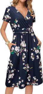 Sophie Robe Midi Femme Portefeuille – Col en V, Poches, Robe Florale Élégante