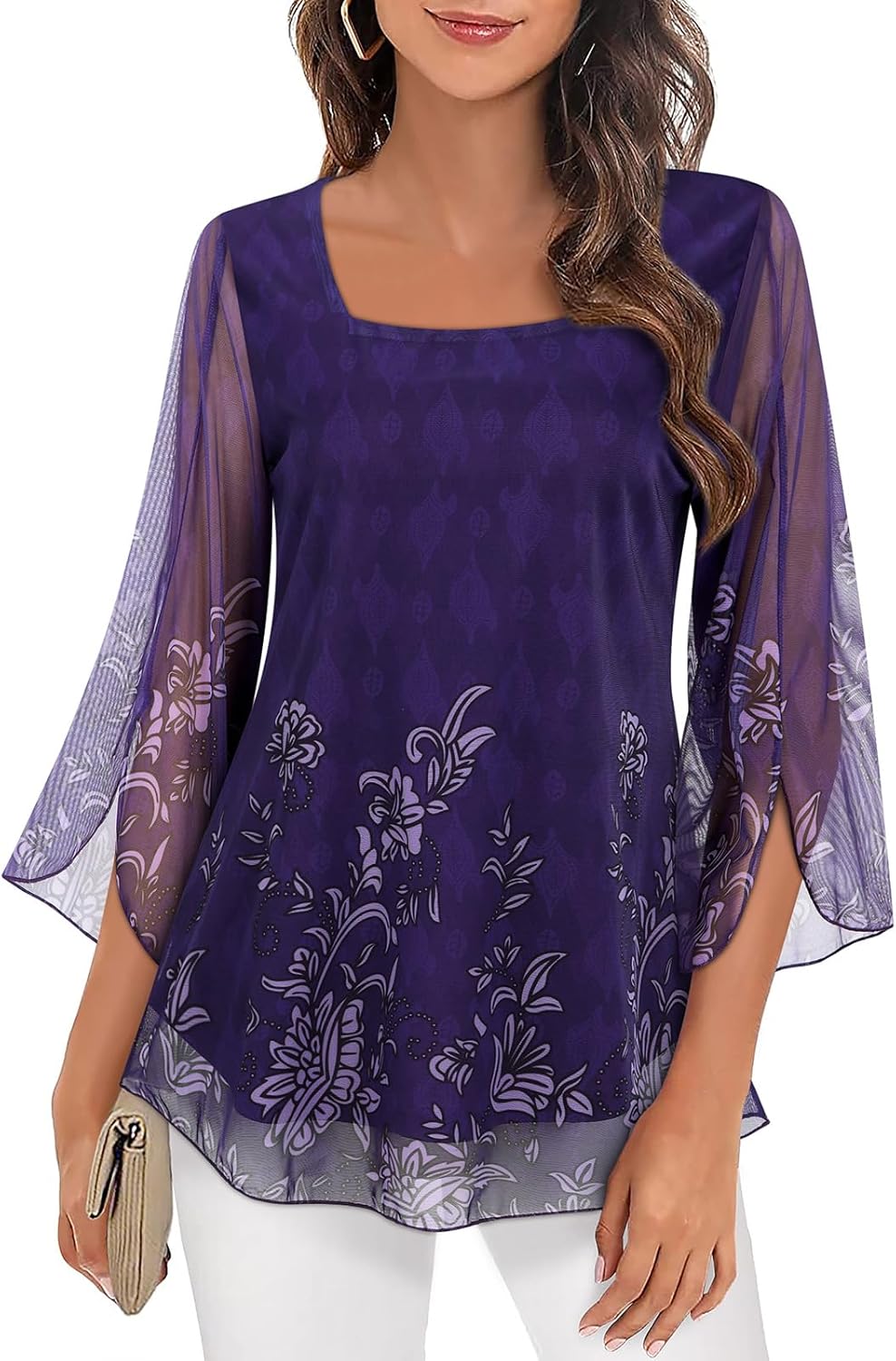 Giada Blouse Femme – Col Carré, Manches 3/4 Volants, Tunique Chiffon Élégante