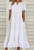 Marcy Robe Femme Midi Sangallo – Encolure en V, Volants, Coupe Évasée, Poches d'Été
