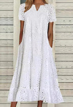 Marcy Robe Femme Midi Sangallo – Encolure en V, Volants, Coupe Évasée, Poches d'Été