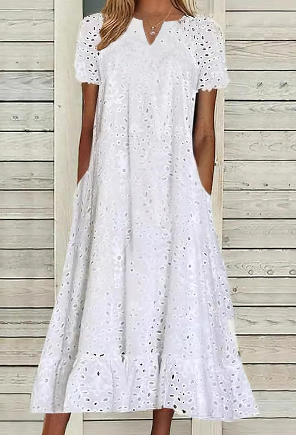 Marcy Robe Femme Midi Sangallo – Encolure en V, Volants, Coupe Évasée, Poches d'Été