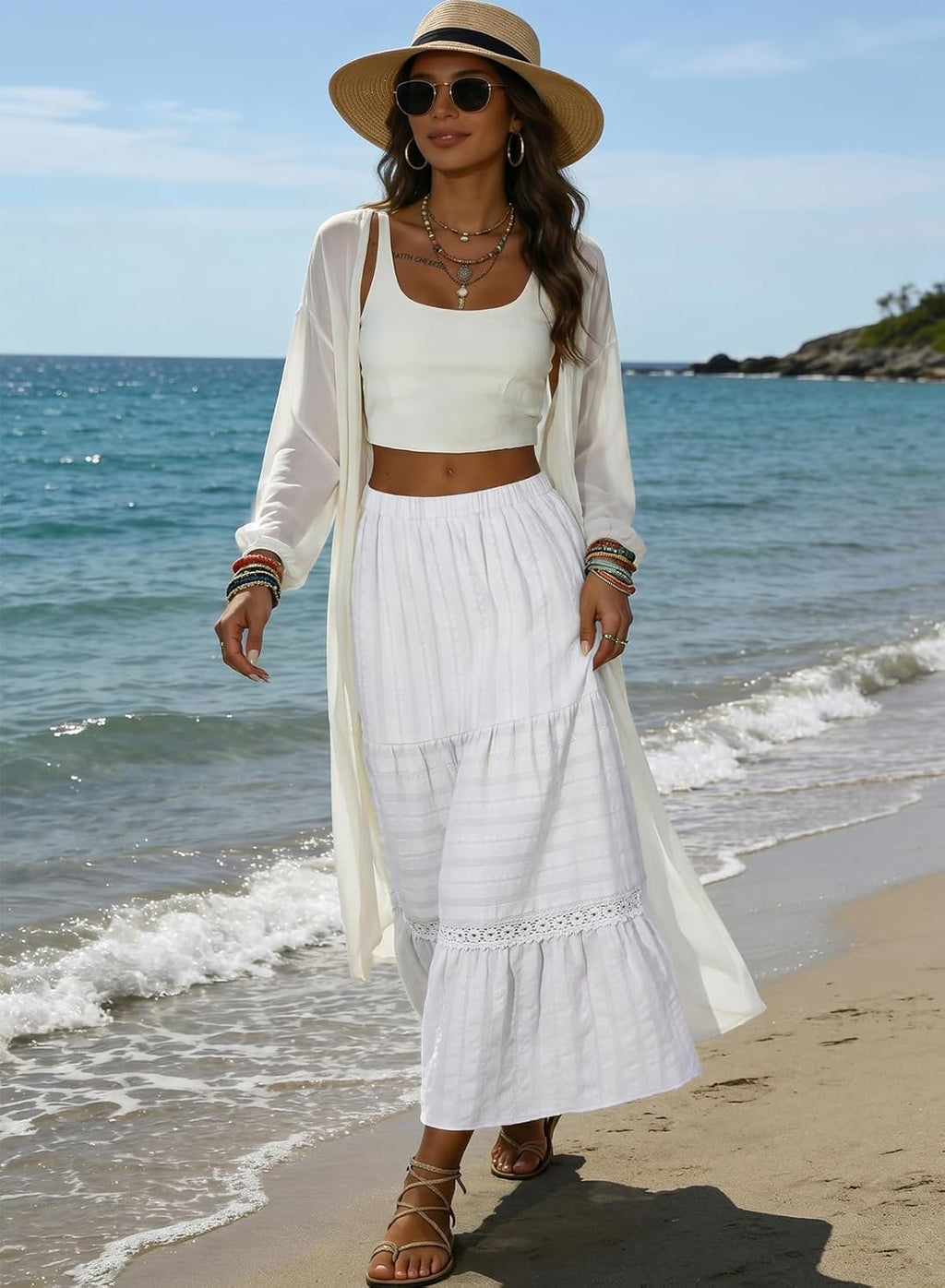 Breilla Jupe Maxi Femme Bohème – Jupe Longue en Coton avec Détails en Dentelle Crochet