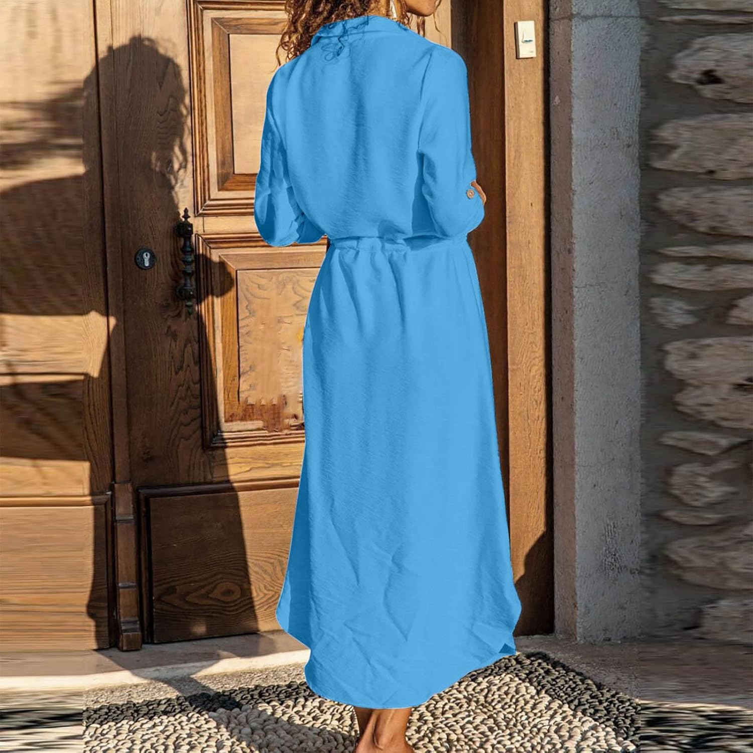 Sadie Robe en Lin Femme – Robe Midi Décontractée Élégante avec Boutons et Manches Longues