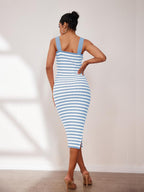 Noemi Robe Midi Femme – Bodycon Rayé, Col Carré, Tricot Élastique