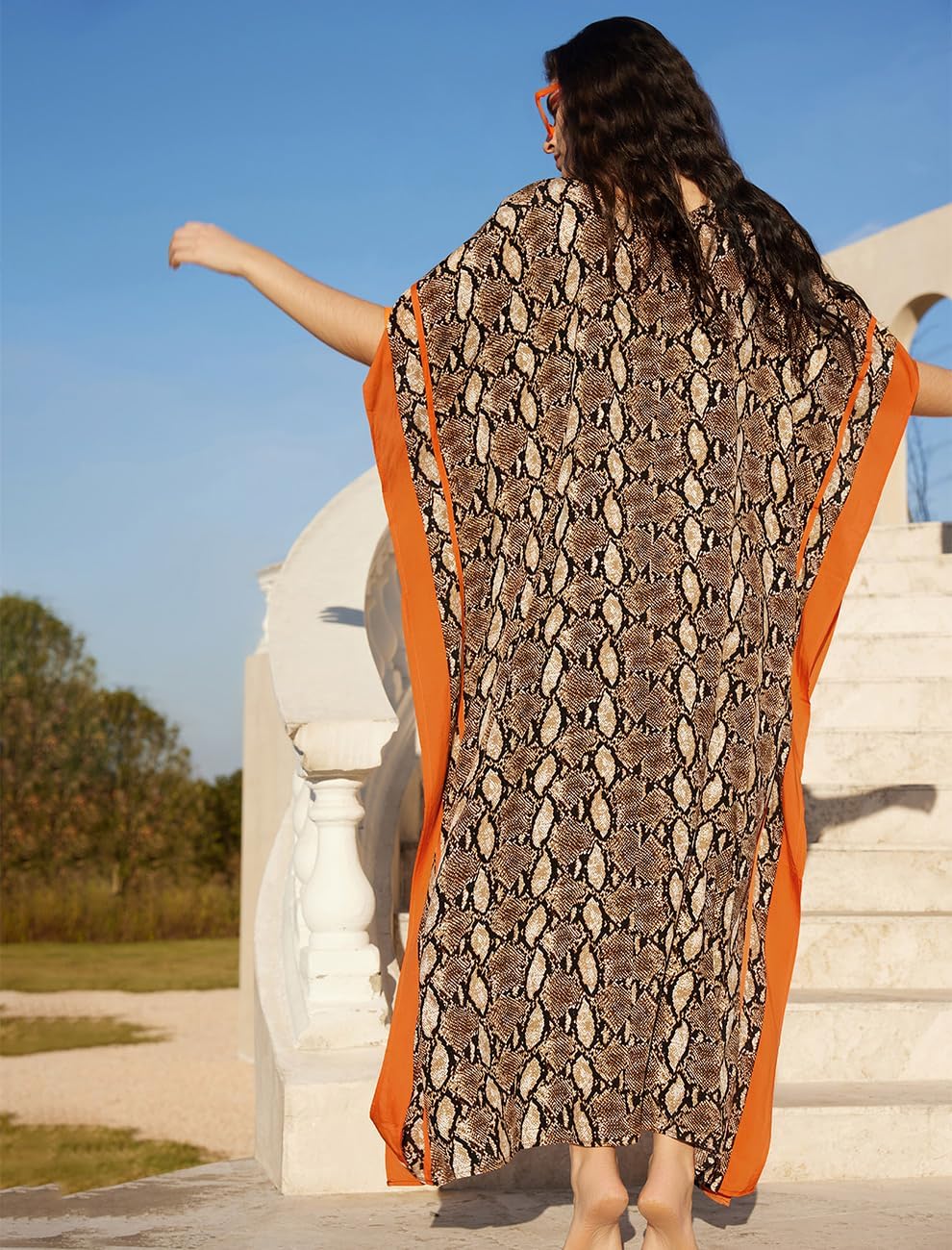 Amina Caftano Femme – Robe Longue Bohème, Imprimé Ethnique, Décolleté en V Profond