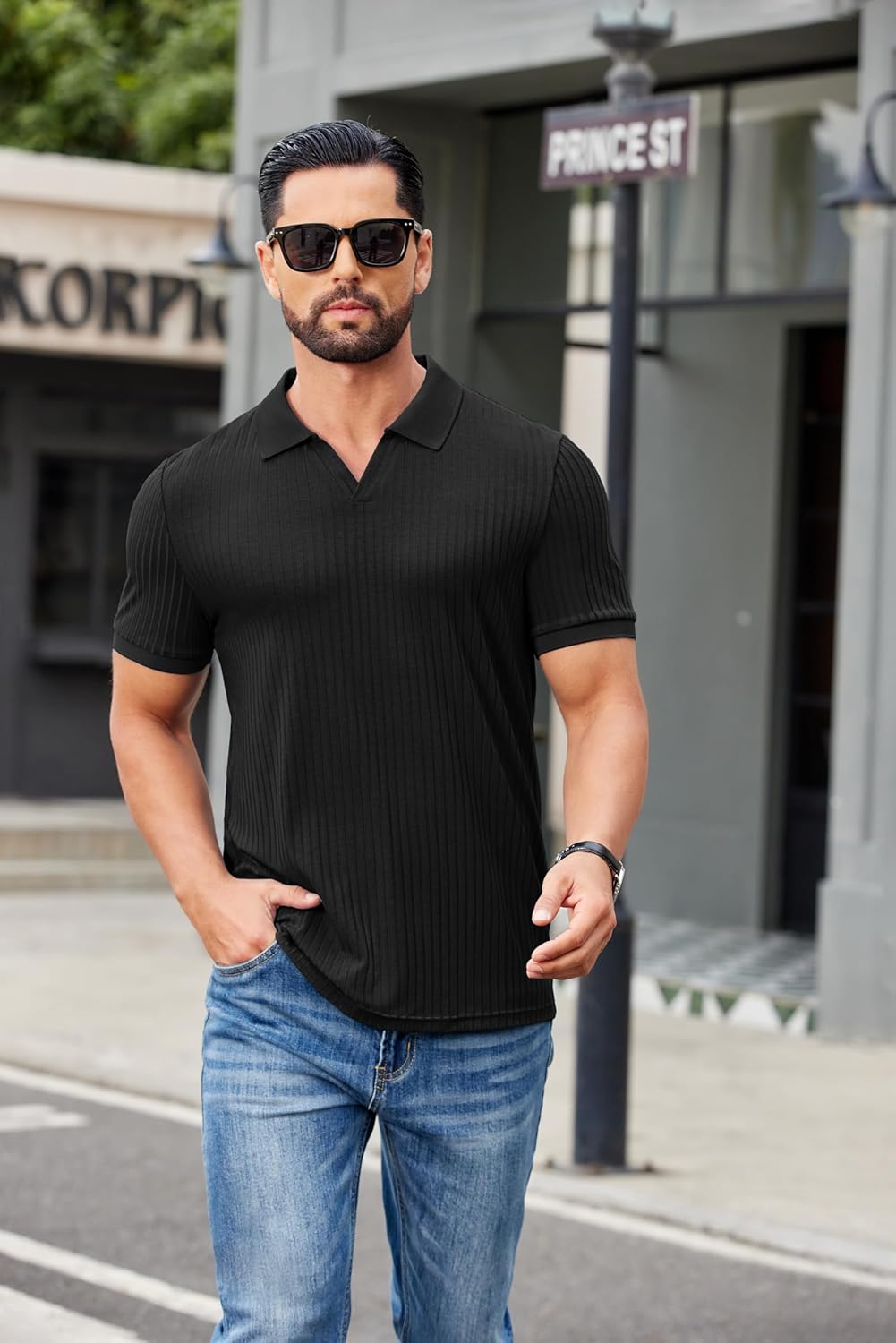 Marco Polo Homme Slim Fit – Polo côtelé avec col en V décontracté élégant