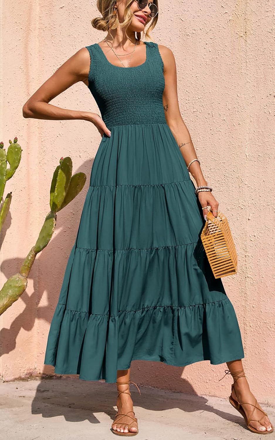Sophie Robe Maxi Boho pour Femme – Robe Longue d'Été Smock Élégante Sans Manches