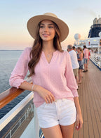 Laura Blouse Femme – Col en V, Manches 3/4 Ajourées, Top Casual Élégant