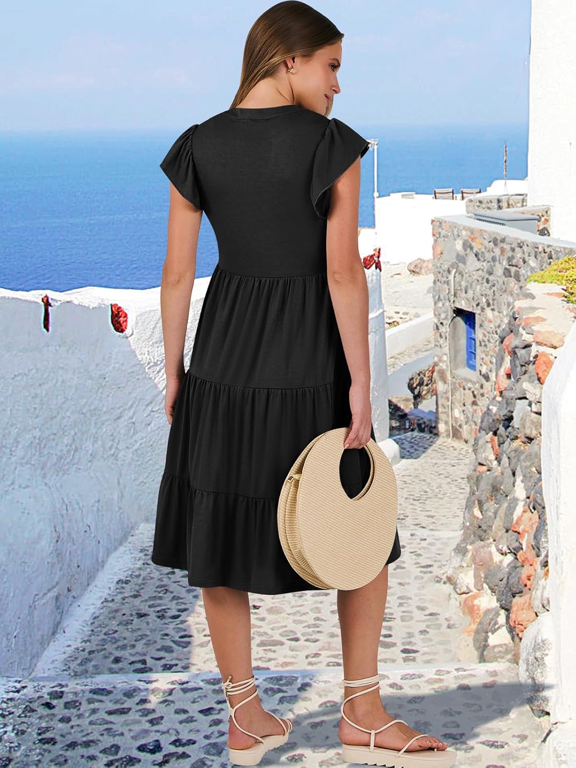 Francesca Robe Midi Femme – Col en V, Manches Volantées, Boho Ligne A Estivale