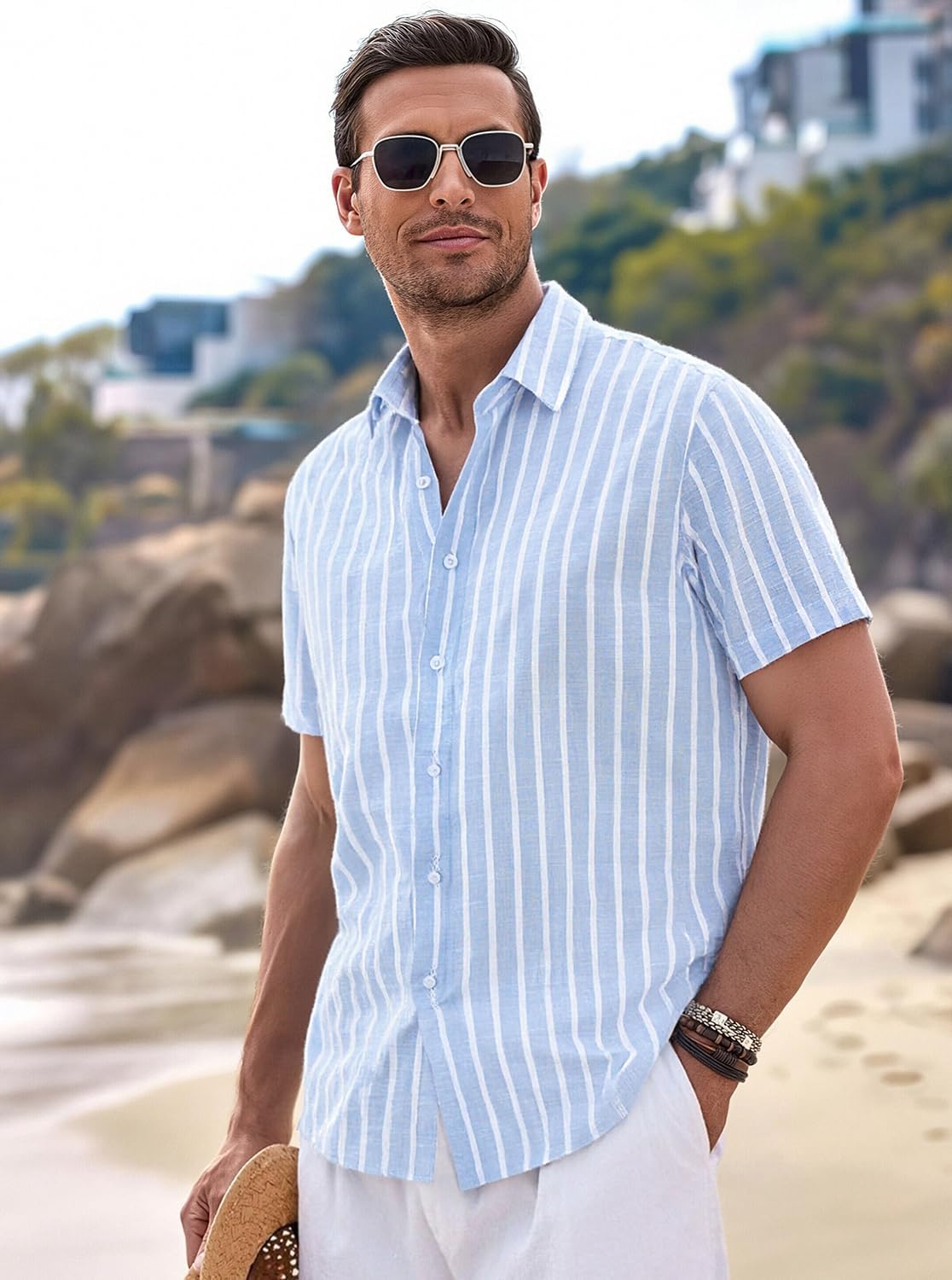 Camisa de hombre Luca en lino a rayas – Camisa casual de verano de manga corta