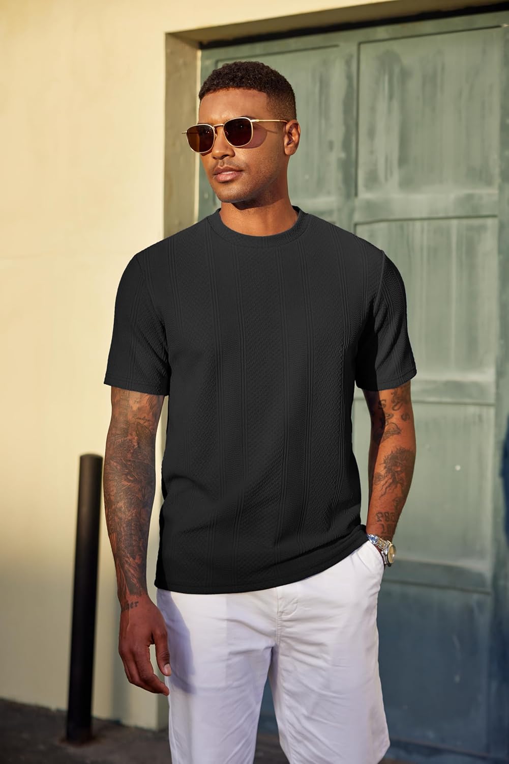 T-shirt Matteo pour homme en maille jacquard – T-shirt décontracté élégant à col rond