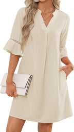 Sydney Vestido Mujer – Vestido Corto Escote en V, Mangas Campana, Bolsillos Casual