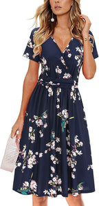 Sophie Robe Midi Femme Portefeuille – Col en V, Poches, Robe Florale Élégante