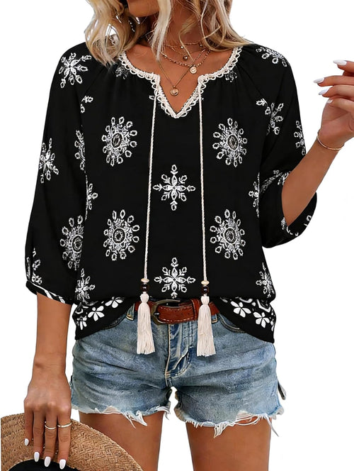 Alba Blusa Mujer – Boho Floral, Escote en V con Cordón, Mangas 3/4 Casual
