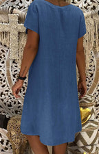 Weng Abito in Lino Donna – Vestito Midi con Scollo a V, Maniche Corte e Tasche