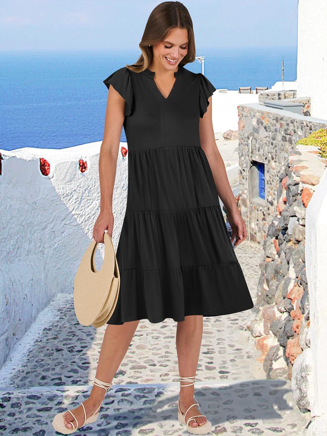 Francesca Robe Midi Femme – Col en V, Manches Volantées, Boho Ligne A Estivale