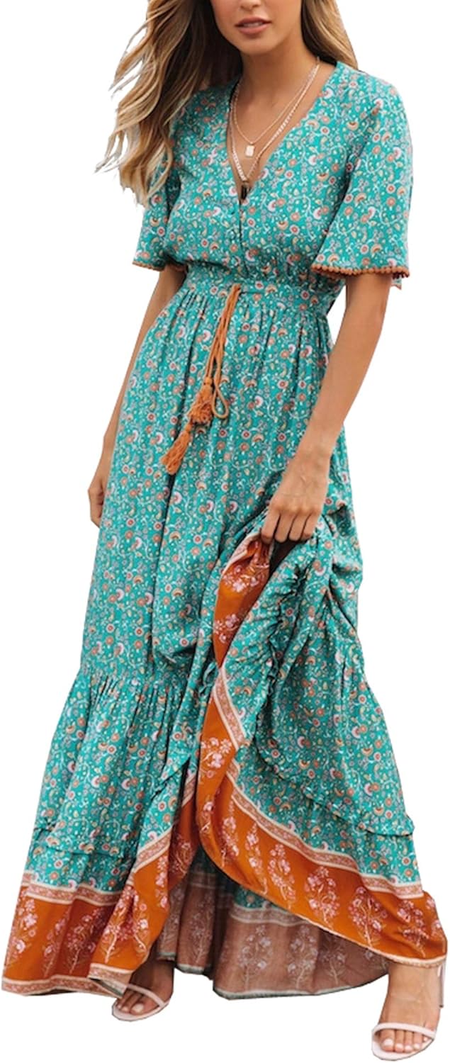 Elisa Robe Femme Maxi Bohème – Col en V Boutons, Robe Florale d'Été Élégante