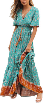 Elisa Robe Femme Maxi Bohème – Col en V Boutons, Robe Florale d'Été Élégante