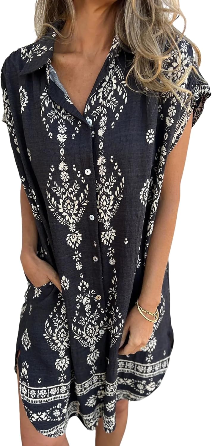 Serenity Robe Chemise Femme Bsubseach – Robe d'été Florale en Lin avec Boutons et Poches