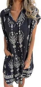 Serenity Robe Chemise Femme Bsubseach – Robe d'été Florale en Lin avec Boutons et Poches