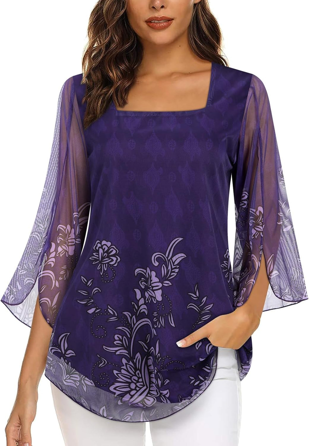 Giada Blouse Femme – Col Carré, Manches 3/4 Volants, Tunique Chiffon Élégante