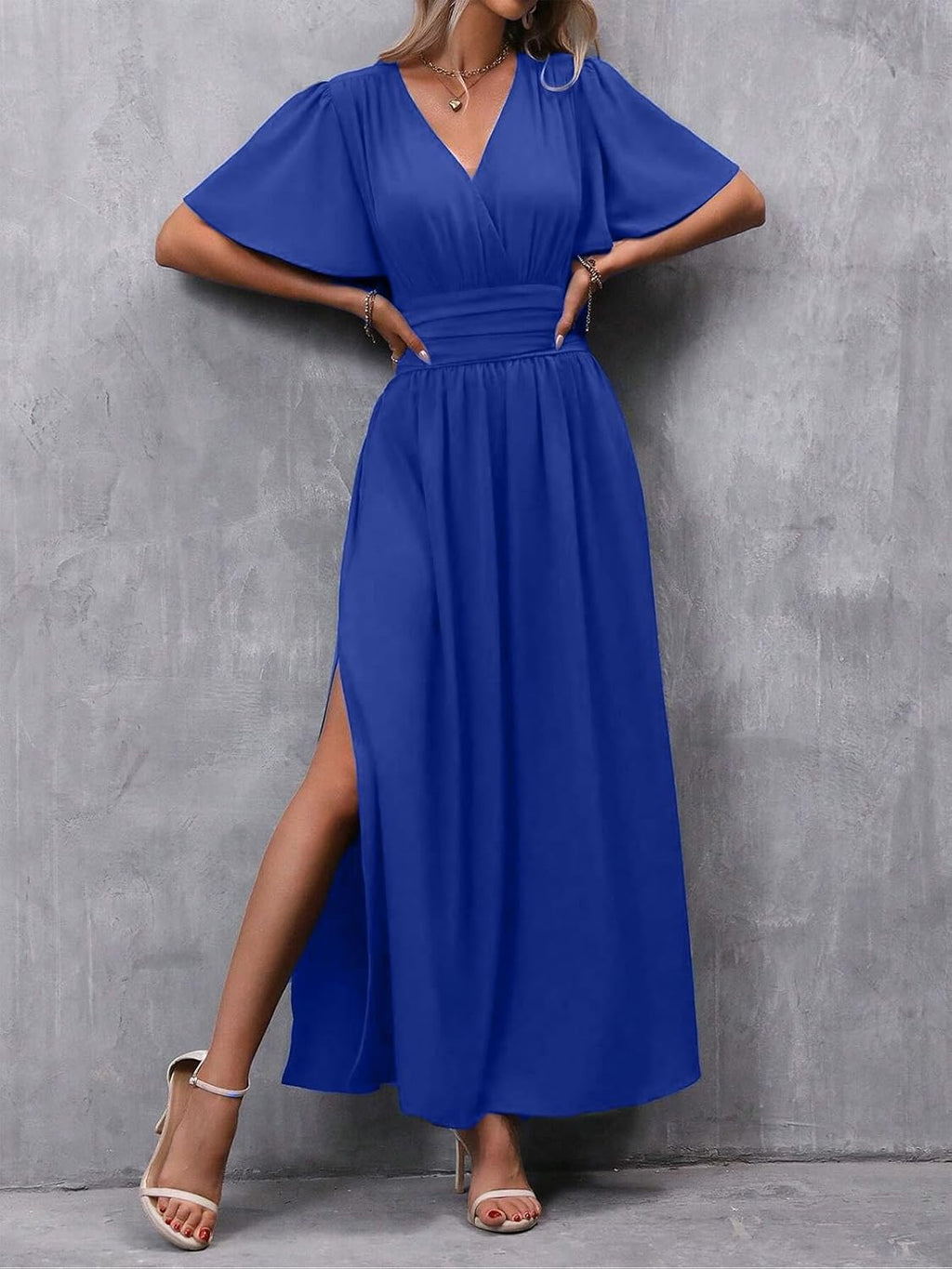 Elena Vestido Elegante para Mujer – Vestido Maxi Plisado con Escote en V y Aberturas