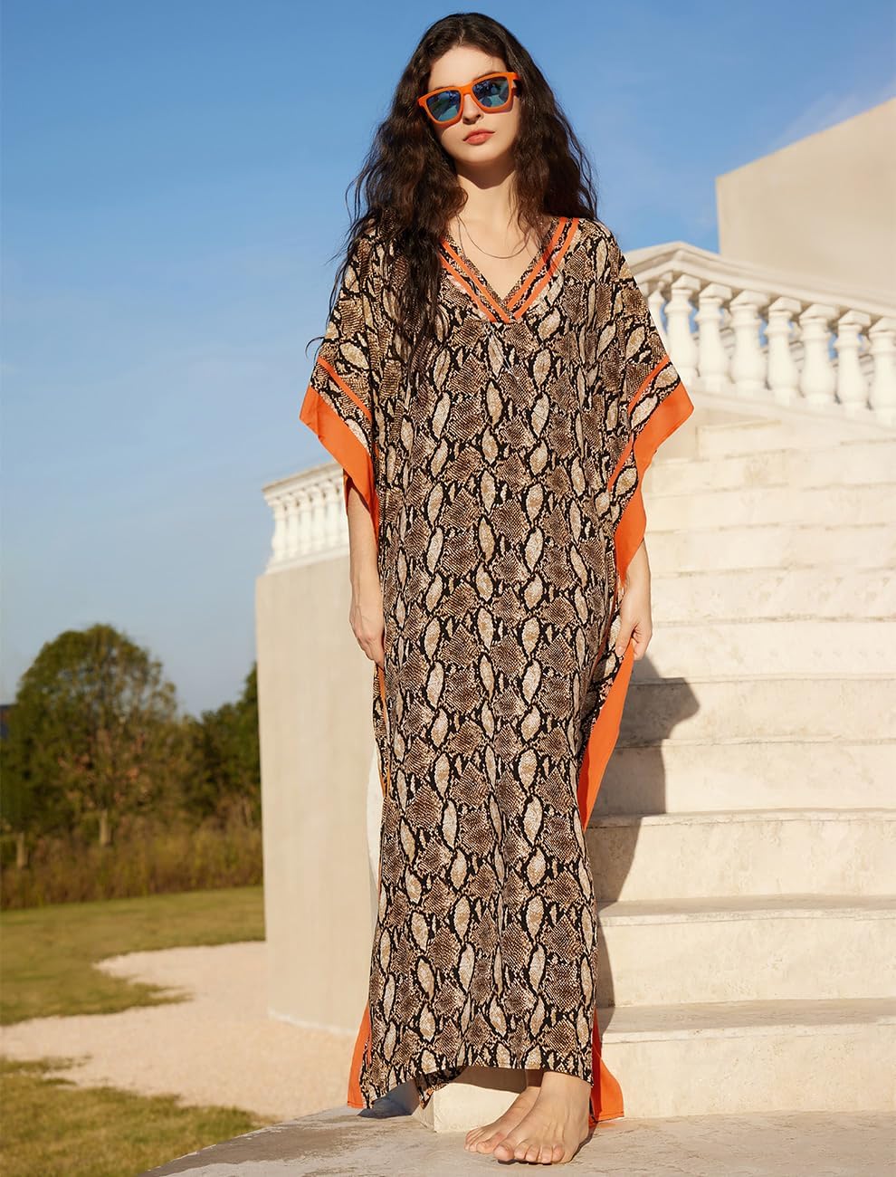 Amina Caftano Femme – Robe Longue Bohème, Imprimé Ethnique, Décolleté en V Profond
