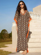 Amina Caftano Femme – Robe Longue Bohème, Imprimé Ethnique, Décolleté en V Profond