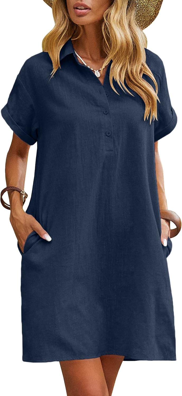 Hayne Robe Femme Coton Lin – Manches Courtes, Boutons, Poches Décontractée Estivale
