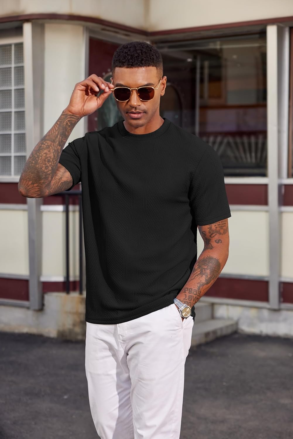 T-shirt Matteo pour homme en maille jacquard – T-shirt décontracté élégant à col rond