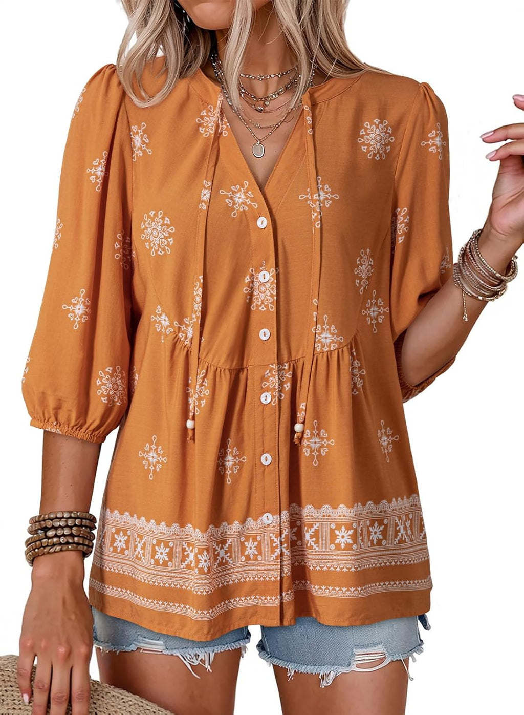 Serena Blouse Femme – Floral Bohème, Col en V, Peplum Babydoll, Chic Décontracté