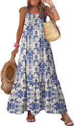 Melichin Robe Femme Maxi Bohème – Bretelles Fines, Encolure U, Smock, Volants d'Été