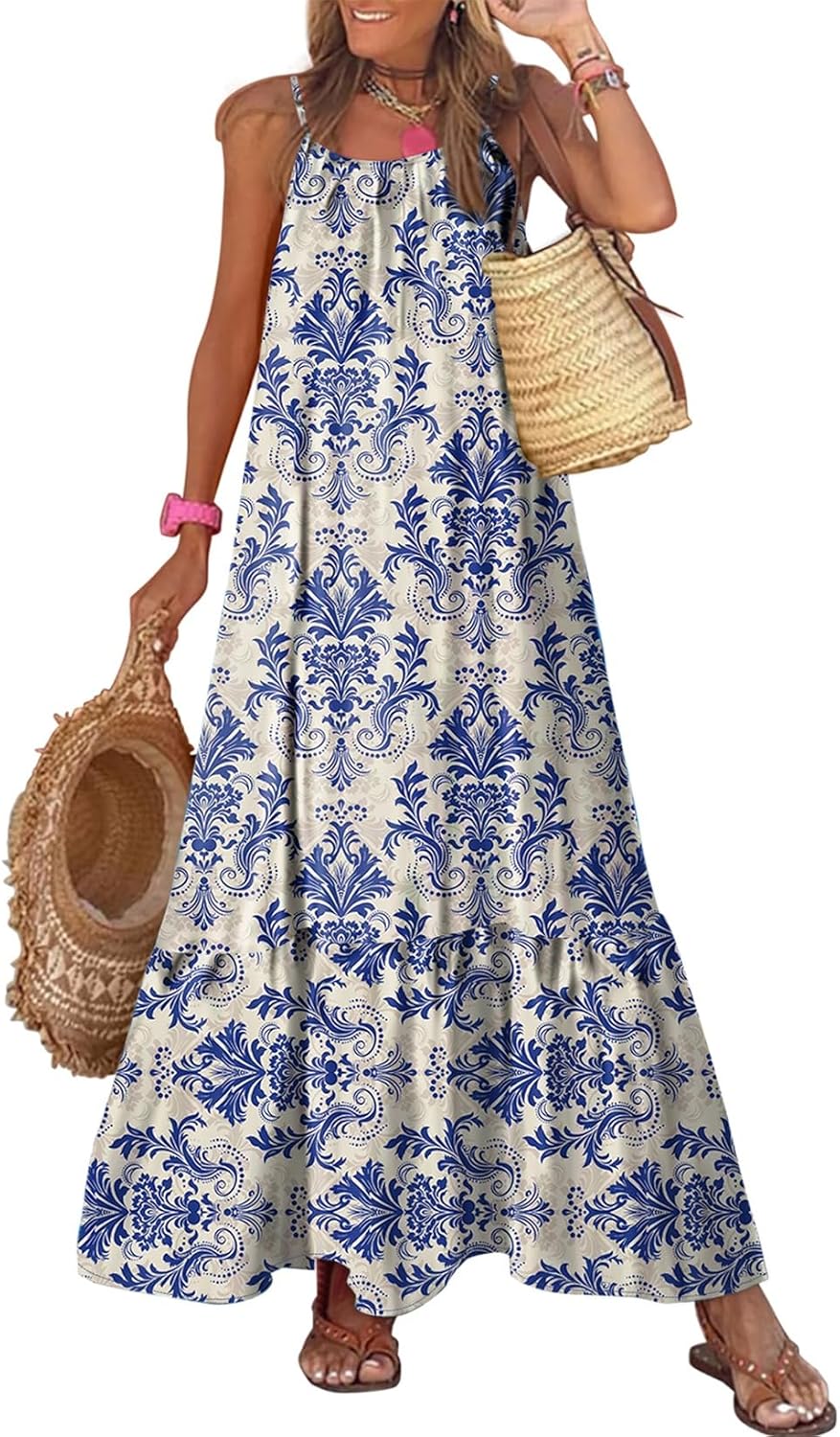 Melichin Robe Femme Maxi Bohème – Bretelles Fines, Encolure U, Smock, Volants d'Été