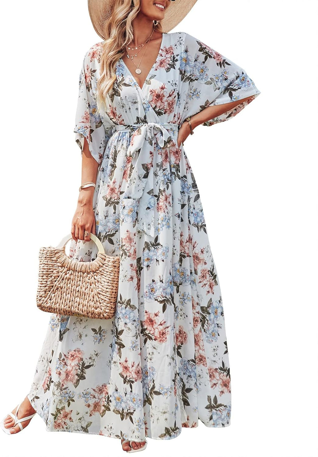 Marina Robe Femme Maxi Florale – Col en V, Portefeuille, Fente, Bohème Estival