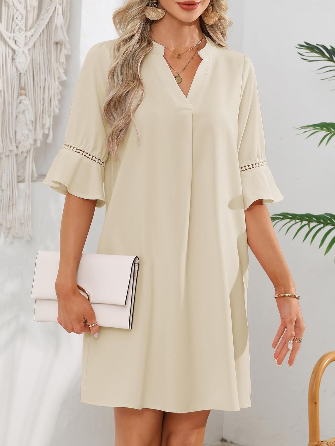 Sydney Vestido Mujer – Vestido Corto Escote en V, Mangas Campana, Bolsillos Casual