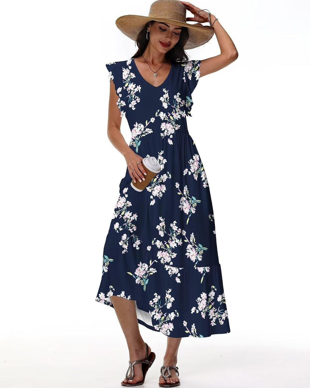 Sonya Robe Florale pour Femme – Robe Midi d'Été avec Col en V et Poches